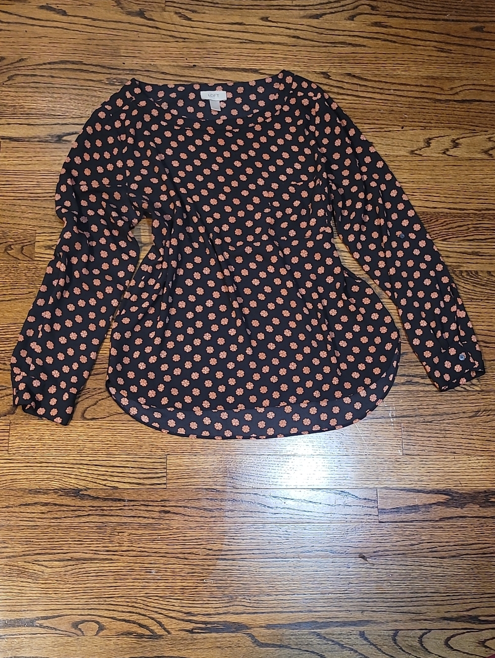 LOFT Black Blouse with Pink Floral Dot Print